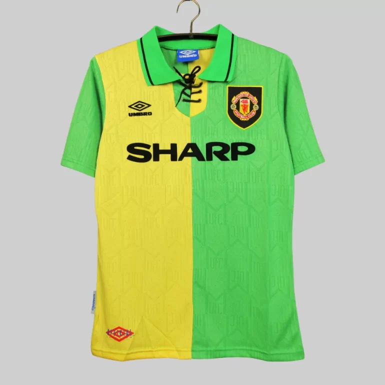 manchester united 1993 1994 retro sharp green yellow away cantona 7 classic retro jersey umbro red devils lace up (